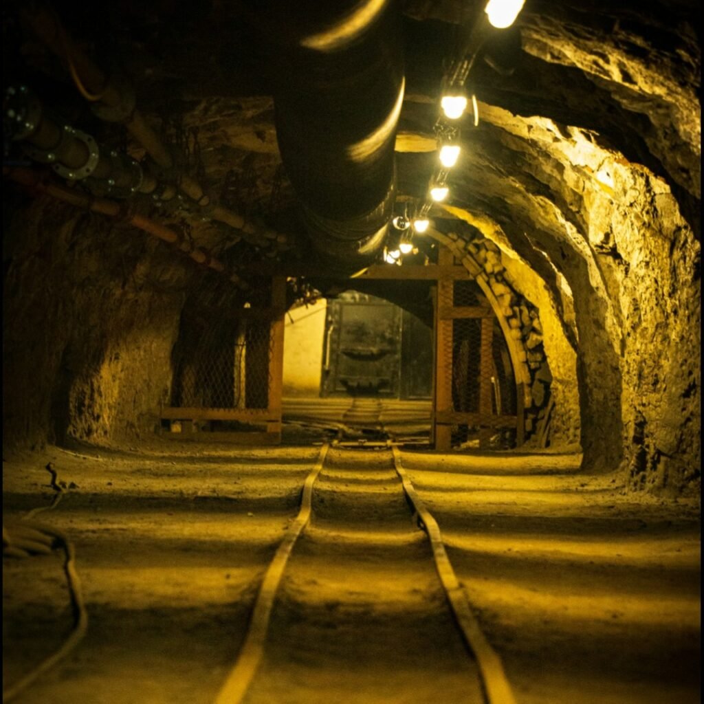 Dimly lit underground coal mine tunnel with old rails and pipes, similar to the historic Rolling Mill Mine in Johnstown where many Pennsylvania ghost stories originate.
