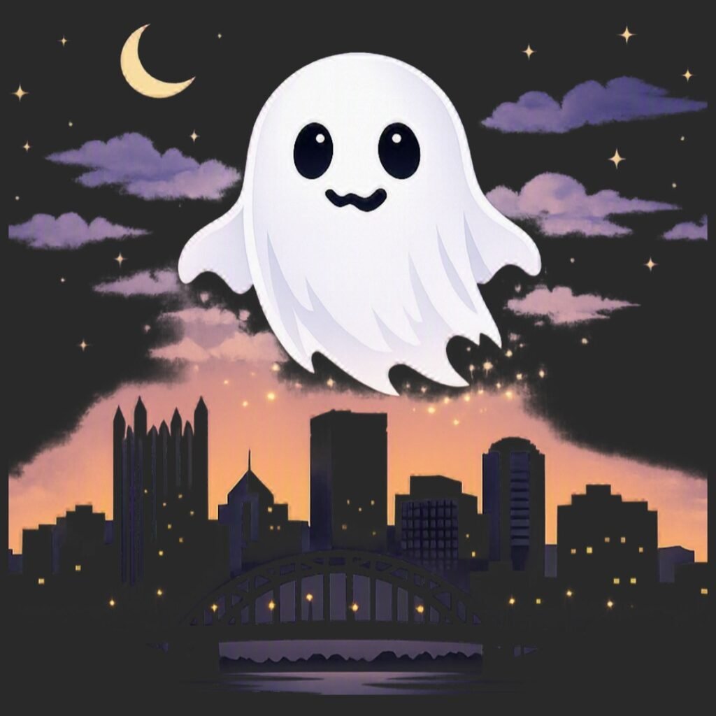Cartoon ghost with glowing eyes hovering over the Pittsburgh skyline at dusk with stars, moon, and city silhouettes