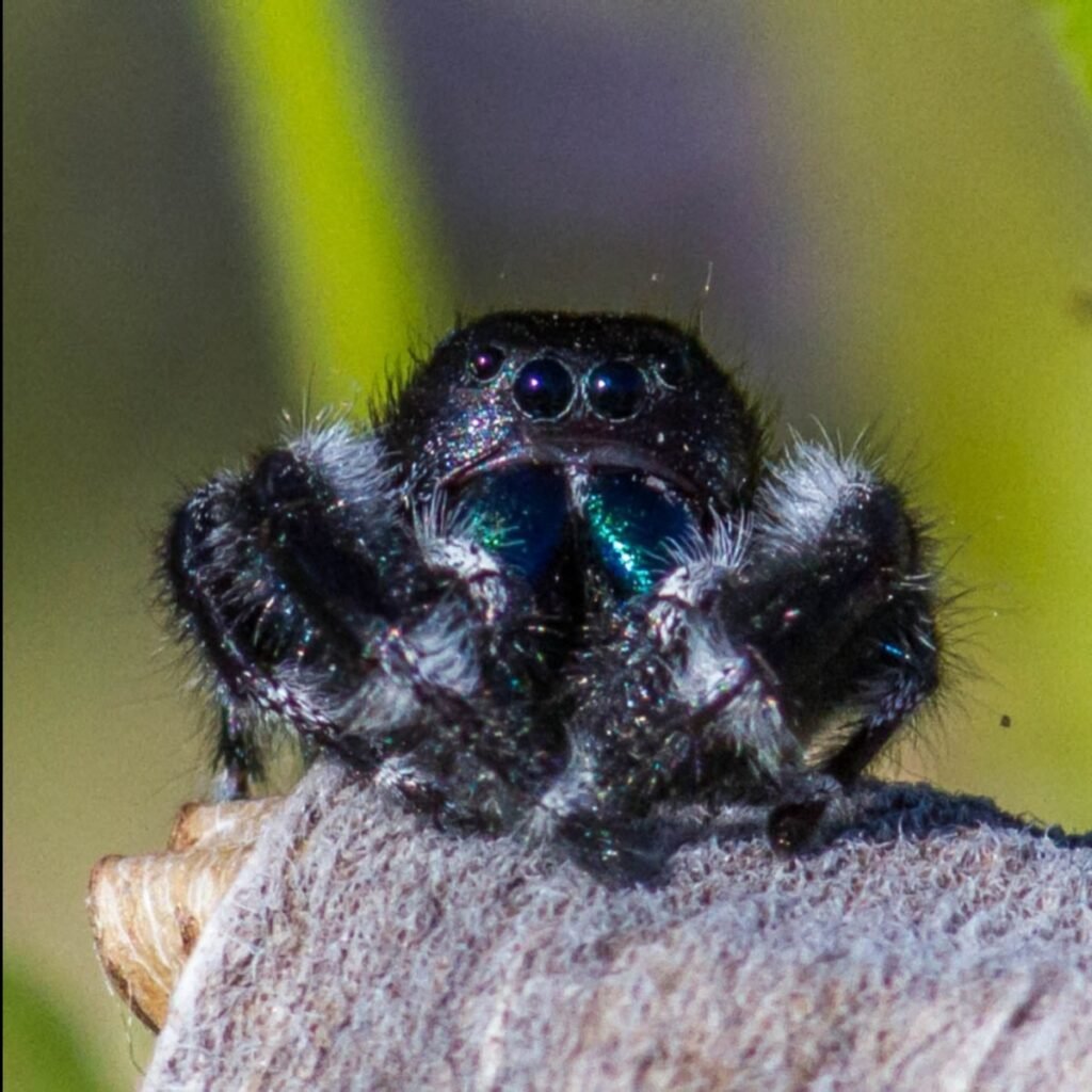 Close-up of a harmless jumping spider found outdoors