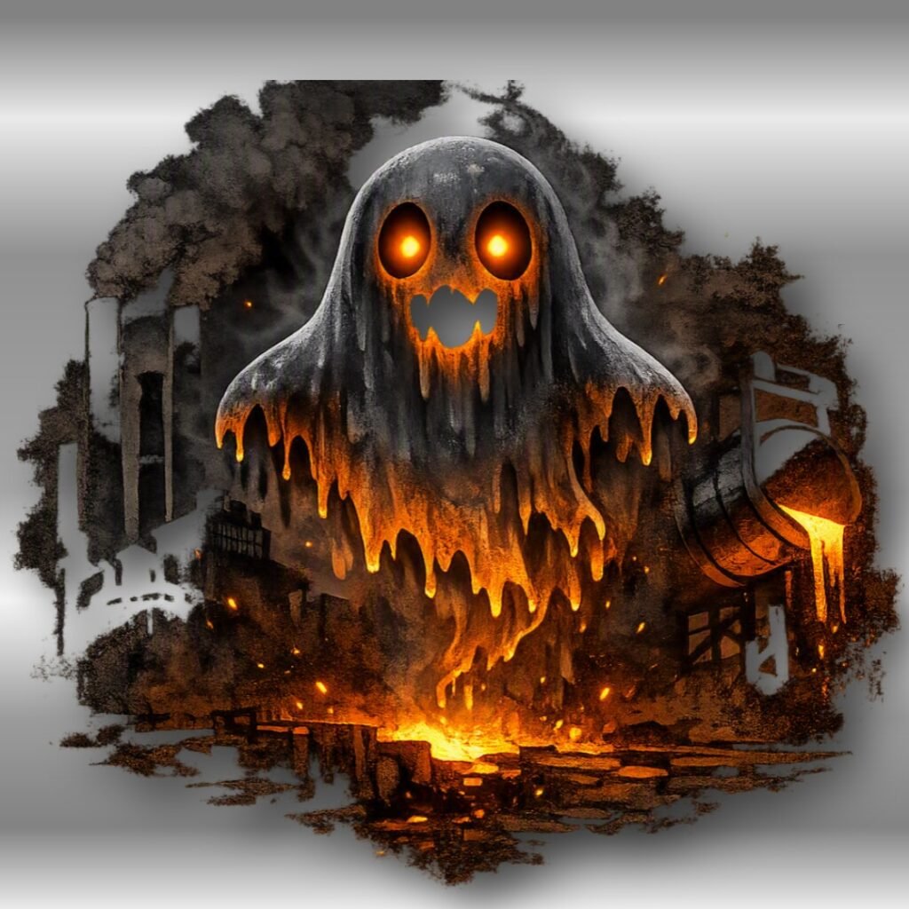 Dripping molten ghost with fiery orange eyes floating in front of a dark steel mill, smokestacks, sparks, and a pouring ladle